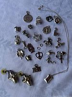 Full view of all sterling silver charms, earrings, and necklace laid on fabric.