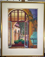 Original pastel artwork showing open French doors leading to a terrace with columns and greenery, framed in gold-painted wood.