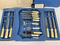 Full view of cutlery set inside original blue box with sectioned compartments containing knives, forks, and serving pieces with cream floral handles.