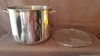 Large stainless steel stock pot and matching glass lid set against plain background.
