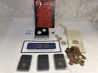 Full lot overview showing boxed silver half dollar coins, Danbury Mint Indian Head pennies in cases, loose coins with commemorative mint bag, and coin capsules.