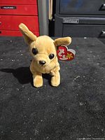Front-facing image of the tan Ty Beanie Baby dog plush named Tiny showing face, ears, and attached Ty tag