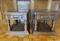 Pair of vintage wooden end tables side by side showing overall design, finish, and turned legs.