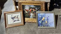 Three framed bird paintings together: two Mallard ducks, five parrots, yellow bird with thistles