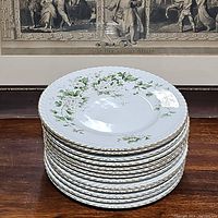 Stack of 13 white porcelain dinner plates with green hawthorn and ivy floral pattern on the rim, scalloped edges.