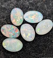 Six genuine opal triplet cabochons on black fabric showing colorful play-of-color.