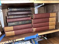 Books stacked horizontally on wooden shelf with visible wear and varied spine colors including red, brown, green, and black.