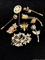 Photo showing nine assorted vintage pins and brooches on a black background with floral, insect, and animal motifs.