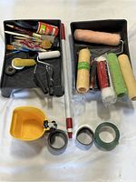 Overview of painting tools including paint rollers, paint trays, masking tape, and paint container.