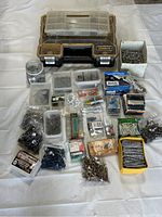 Photo shows entire lot including Dewalt organizer box and multiple small boxes and containers of screws.