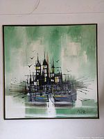 Front view of the vintage painting showing a stylized cityscape with boats and birds in green tones, signed by the artist Eliza at bottom right.