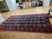 Full view of rug laid flat on hardwood floor showing overall pattern and dimensions