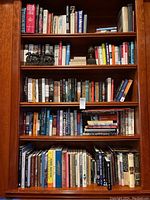 Books arranged on five-shelf wooden bookcase, overview shot