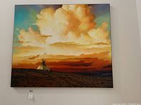 Full front view of canvas painting showing landscape and teepee under clouds