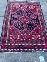 Full view of rug laid flat on concrete showing overall pattern and color
