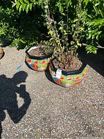 Two painted ceramic planters side by side, filled with plants