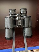 Close-up image of Bushnell binoculars showing leather textured grip and central InstaFocus label