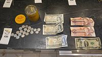 Photo of Canadian coins, paper bills, and vintage soap container