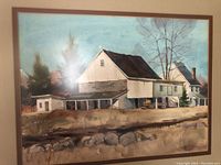 Frontal view of the watercolor painting showing barn and landscape details in frame.