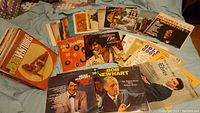 Photo showing a spread of over 40 vinyl records including Elvis Presley, Bob Newhart, Dean Martin, and The Ventures albums.