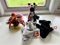 Four rare Beanie Babies displayed on a white surface near a window, showing all items included in the lot: Gobbles (brown/red turkey), Lefty (American flag dog), Flash (grey dolphin), Splash (black and white killer whale). All with tags.