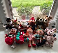 Full set of 12 original Rudolph The Red-Nosed Reindeer plush toys displayed together on a white surface by a window with outdoor greenery visible behind. Each plush is clearly visible showing details and colors.