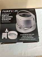 Box of Ivation IVUC965 digital ultrasonic cleaner showing product image, brand, model and features of the cleaner.