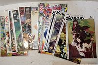 Photo showing a collection of 16 comic books laid out with protective sleeves visible. Titles include Swords of Sorrow, Elfquest, Marvel issues, and others
