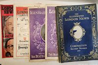 Five vintage The Illustrated London News magazines, arranged side by side showing covers and spines