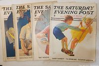 Four vintage issues of The Saturday Evening Post laid out side by side showing various illustrated covers including a boy and girl on a swing, and men in shirts and a tennis racket.