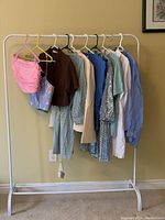 Full view of 10 clothing items on hangers, including tops and pants emphasizing variety in colors and styles.