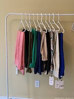 Group of ten Zara pants hanging on rack showing color and style variety