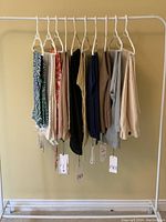 Full view of 10 pants hanging on a white rack showing a range of colors and patterns, all with Zara tags attached.