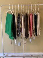 Full view of 12 pairs of pants hanging on a rack, showing color and pattern variety
