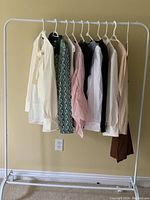 Photo of all ten clothing items hanging on white metal rack showing variety of colors and styles.