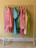 Photo of 10 ZARA dresses hanging on clothes rack showing variety of colors and styles.