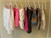 All nine skirts hanging on a rack, showing various colors and styles.