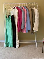 Photo showing 10 ZARA clothing items hanging on rack including dresses and jackets in various colors.