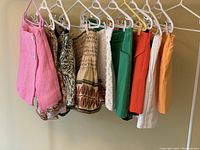 View of all 10 shorts hanging on white plastic hangers showing variety of colors and patterns.