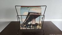Side view of the metal wire record holder with visible vinyl record covers including The Doobie Brothers' album.