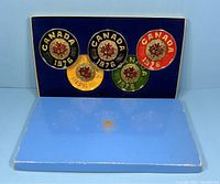 Front view of six circular enameled coasters in vintage 1976 Montreal Olympics theme in presentation box