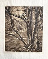 Full view of the vintage unsigned Luigi Lucioni etching depicting a natural landscape with a large tree in the foreground.