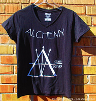 Front view of black V-neck t-shirt displaying white Alchemy graphic with pyramid, arrows, and 'Coin Rings' text.