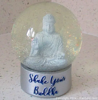 Photo of the Buddha snow globe showing the grayish-white Buddha statue inside the clear globe with silver glitter snow and silver base with navy script inscription 'Shake Your Buddha'.