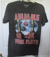 Full front view of gray Pink Floyd Animals T-shirt showing large graphic with pink pig floating between chimneys and red text.