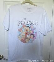 Full front view of white large t-shirt with The Flintstones graphic print featuring characters