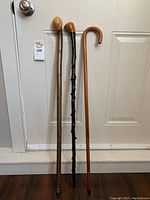 Front view of three walking sticks leaning against a door, showing different handle styles and finishes.