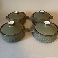 Set of 4 Denby Olive Green Camelot lidded bowls with handles and embossed chevron pattern.