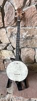 Full front view of open back banjo leaning against stone wall