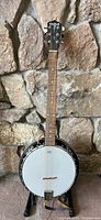 Front view of full banjo showing wooden neck and circular drumhead
